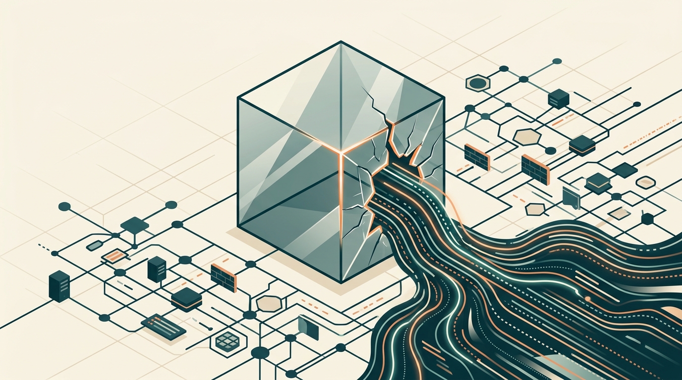 Illustration eines aufgebrochenen virtuellen Testkubus, aus dem Datenströme in ein übergeordnetes Netzwerk fließen