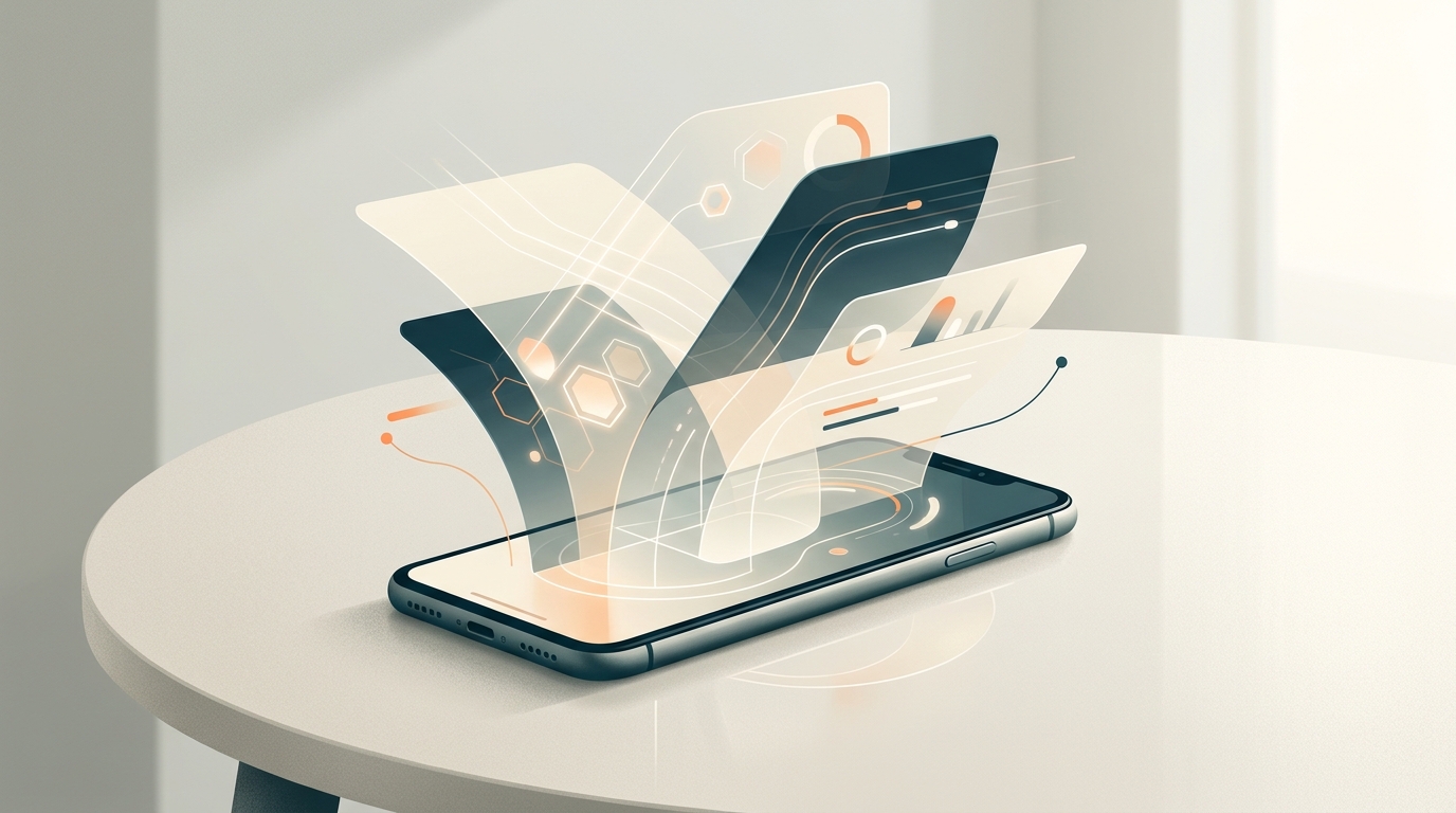Symbolische Darstellung eines Smartphones mit aufsteigenden, transparenten Benutzeroberflächen-Ebenen in Creme, dunklem Petrol und Orange.