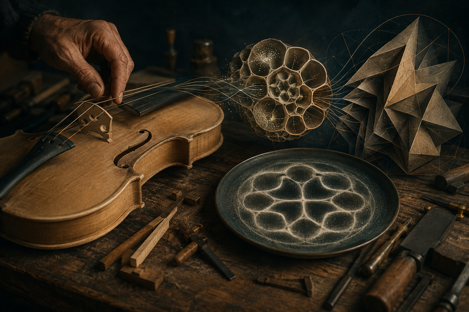 Eine Hand berührt die Saiten eines Instruments; daneben verbinden feine Linien Sandmuster, eine organische Zellform und gefaltete geometrische Strukturen.