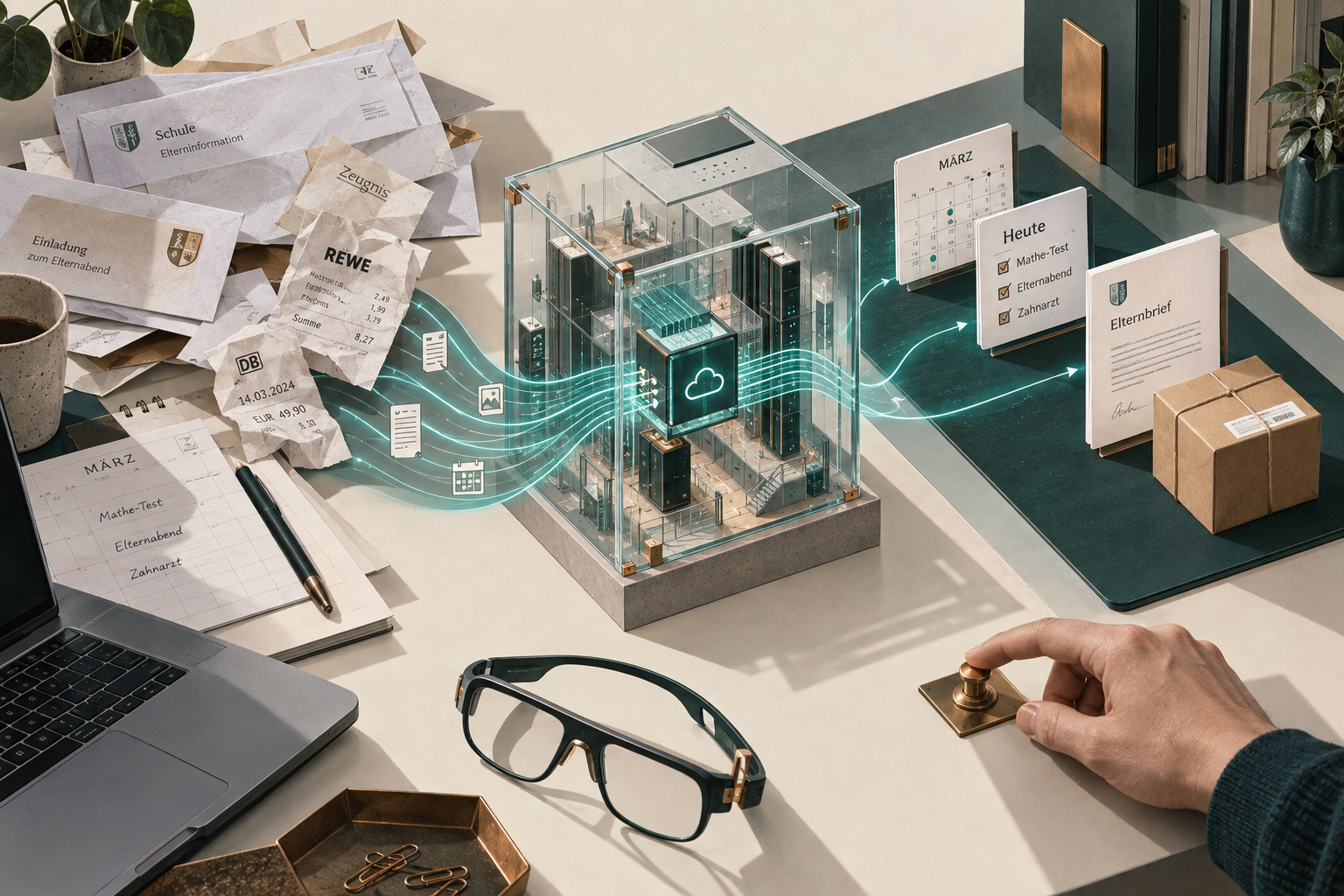 Briefe und Belege führen über leuchtende Linien zu einem gläsernen Computer und geordneten Terminen; davor liegen eine Brille und ein Freigabeknopf.