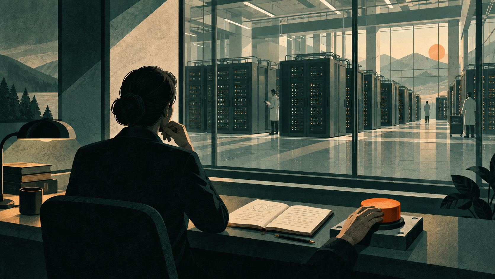 Eine Frau sitzt vor einer gläsernen Serverhalle; vor ihr liegen ein Notizbuch und ein großer orangefarbener Schalter.