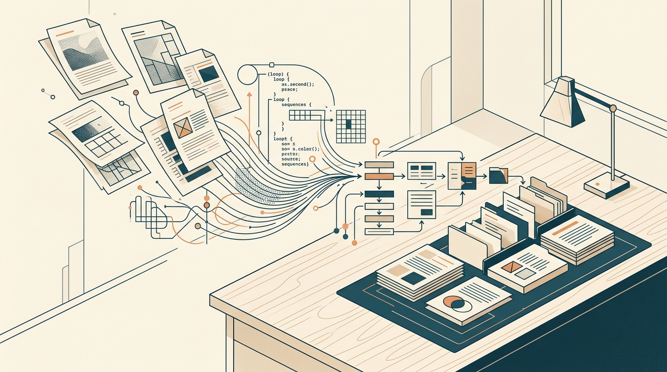 Konzeptionelle Illustration eines Arbeitsplatzes, an dem Dokumente und Programmcode in Petrol, Creme und Orange zu einem strukturierten Ablauf zusammengeführt werden.