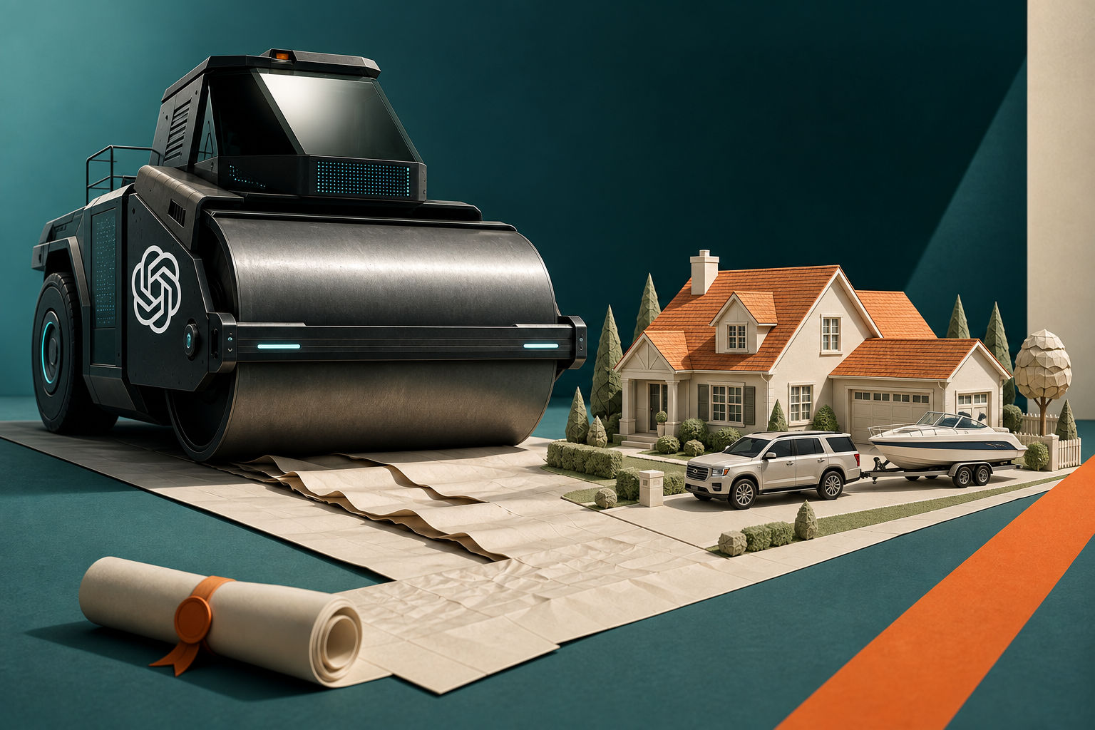 Eine dunkle Straßenwalze mit OpenAI-Logo fährt auf ein Einfamilienhaus zu. In der Einfahrt steht ein SUV mit einem Motorboot auf einem Anhänger; im Vordergrund liegt eine Abschlussurkunde.