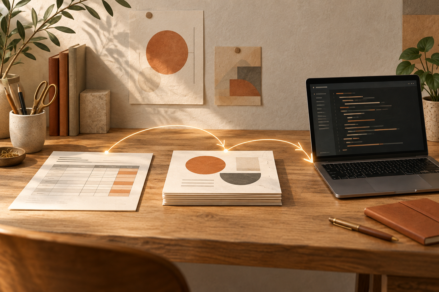Tabelle, Präsentationskarten und Laptop mit abstrakten Codezeilen auf einem Holzschreibtisch, verbunden durch leuchtende Pfeile.
