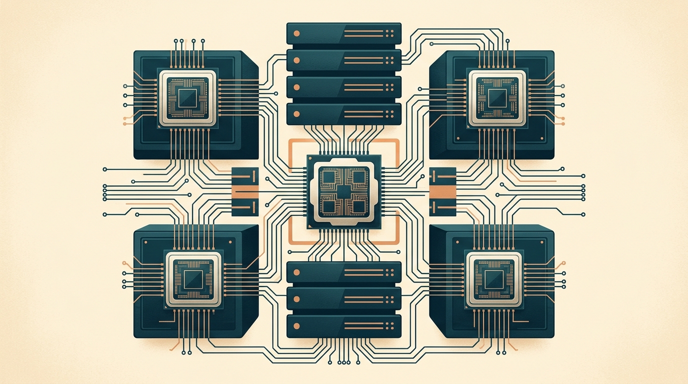 Konzeptionelle redaktionelle Illustration mit stilisierten Server-Racks und geometrisch angeordneten Hauptprozessoren auf Leiterplatten in Petrol-, Creme- und Orangetönen.