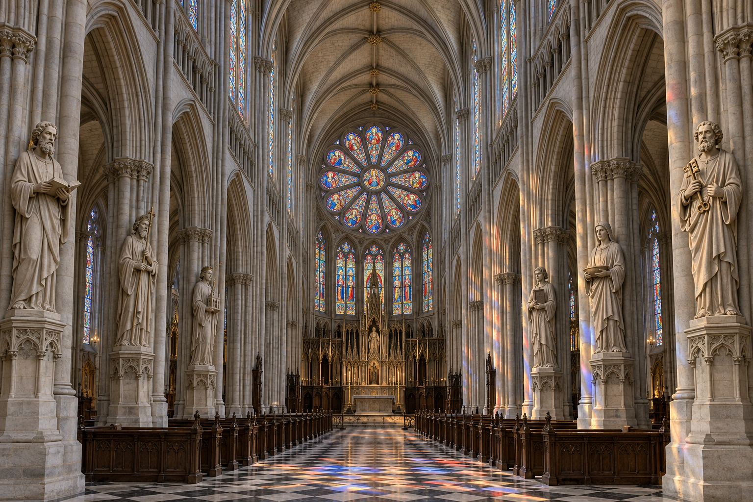 Sunburst: gotischer Dom mit detaillierter Rosette, plastischen Heiligenfiguren, aufwendigem Altar und geschnitztem Holzgestühl im Vordergrund.