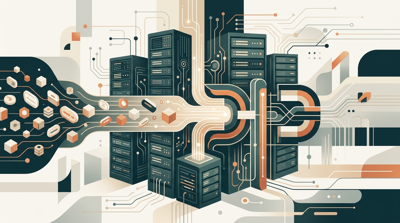 Konzeptionelle Illustration von Servermodulen in dunklem Petrol mit dezent orangefarbenen Datenströmen und einer symbolischen geometrischen Absperrung für ankommende Datenzugänge.