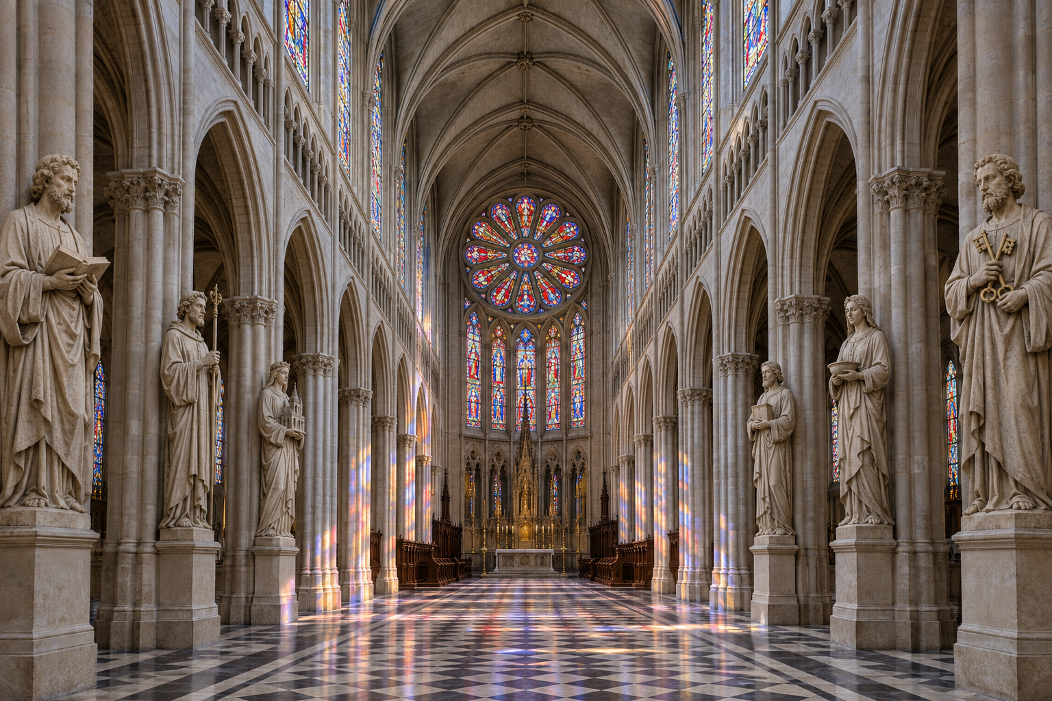 Flare: gotisches Kirchenschiff mit farbiger Rosette, sechs großen Heiligenfiguren und Lichtreflexen auf dem Steinboden.