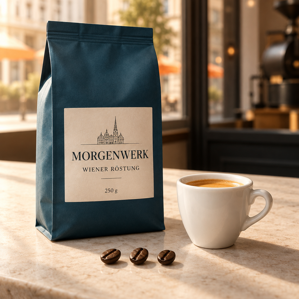 Sunburst-Ergebnis: petrolfarbener Kaffeebeutel mit cremefarbenem Etikett, weiße Espressotasse und drei Bohnen im Vordergrund.
